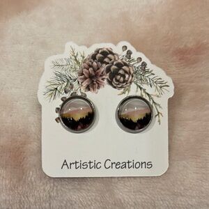 Artistic Creations Glass Cabashon Mountain Sunset Fashion Pierced Earrings NWT
